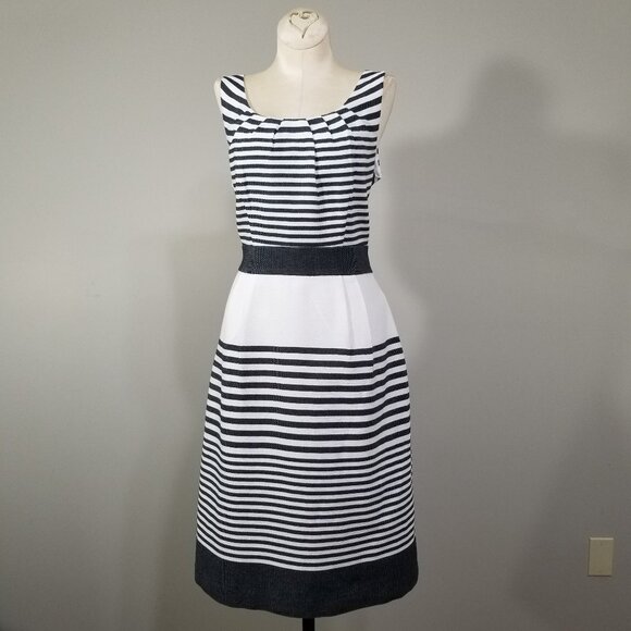 Banana Republic Sz 10 Black White Striped Fit Flare A Line Preppy Dress Pockets - Picture 5 of 12